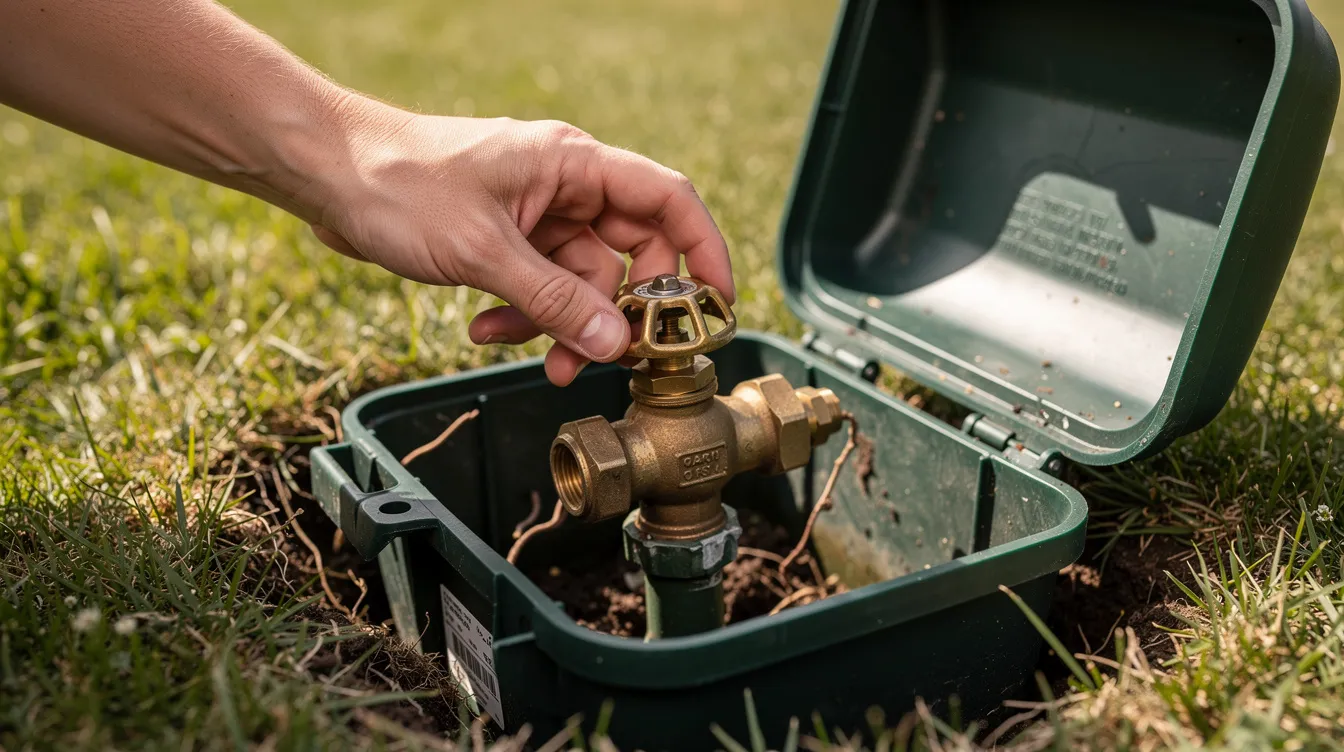 An individual is seen turning a brass water shutoff valve located next to a residential water meter inside a green yard box, indicating a plumbing emergency response. This action is crucial for homeowners dealing with a plumbing problem, such as a broken water supply pipe or a leak, and highlights the importance of reliable emergency plumbing services.