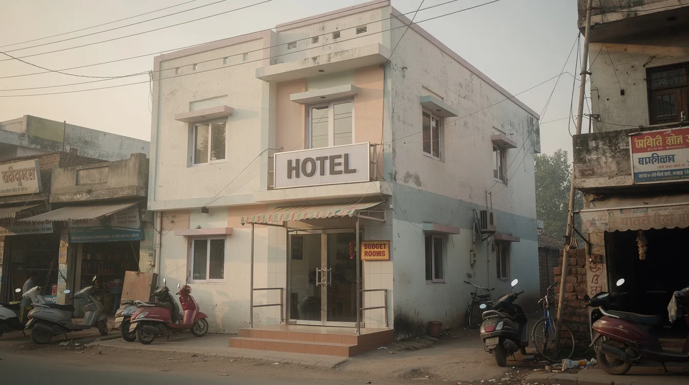 9556178a a40d 4134 b0b7 341806191ba1 The image depicts the exterior of a small budget hotel in a mid-sized Indian city, featuring a simple entrance and clear signage. This hotel represents an accessible option for travelers and reflects the hospitality sector's growth in the region.