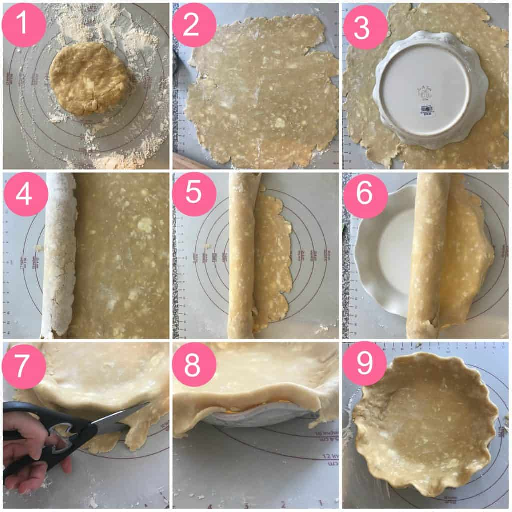 nine photo collage of how to roll out homemade pie crust and place in pie plate