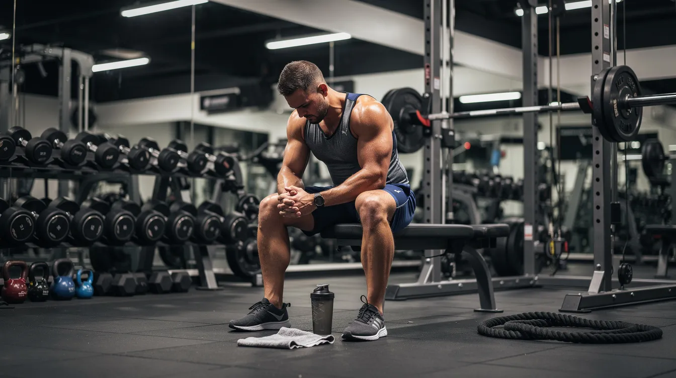 An athlete is resting beside gym equipment, appearing focused and relaxed after an intense workout session. This moment highlights the importance of recovery in sports nutrition, where supplements like creatine can play a role in enhancing muscle mass and athletic performance.