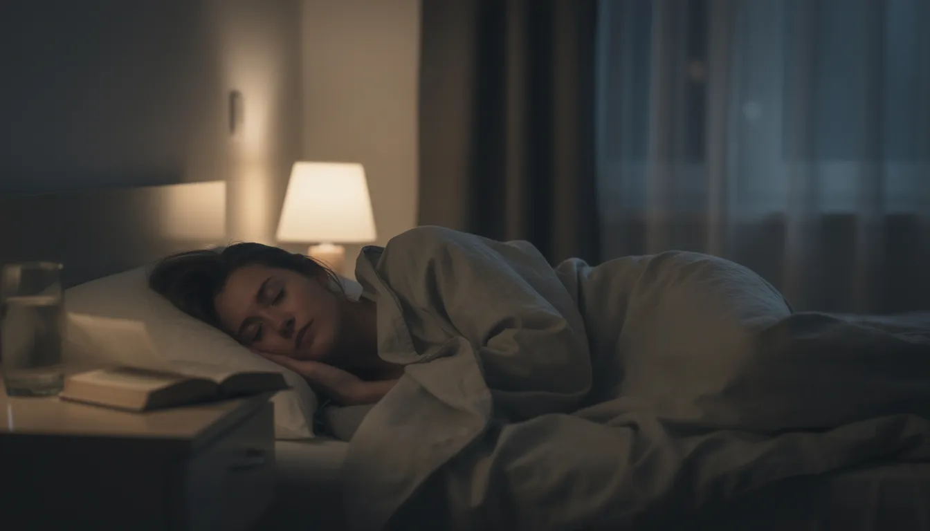 Eine Person schläft friedlich in einem abgedunkelten Schlafzimmer, umgeben von einer ruhigen Atmosphäre, die zur Entspannung und Erholung beiträgt. Die Szene vermittelt ein Gefühl von Wohlbefinden, das möglicherweise durch die Anwendung von Cannabidiol (CBD) zur Linderung von Schlafstörungen und Stress unterstützt wird.