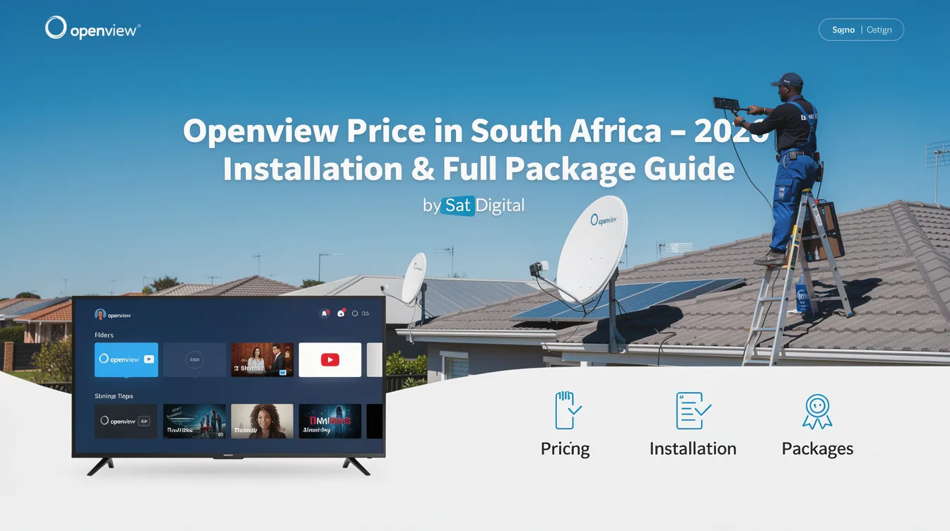The image features a comprehensive guide for the Openview Price in South Africa for 2026, showcasing an openview decoder alongside a satellite dish, with an emphasis on high definition (HD) content and access to favorite SABC channels. The installation process is highlighted, indicating compatibility with Wi-Fi and HDMI connections for a family-friendly viewing experience.