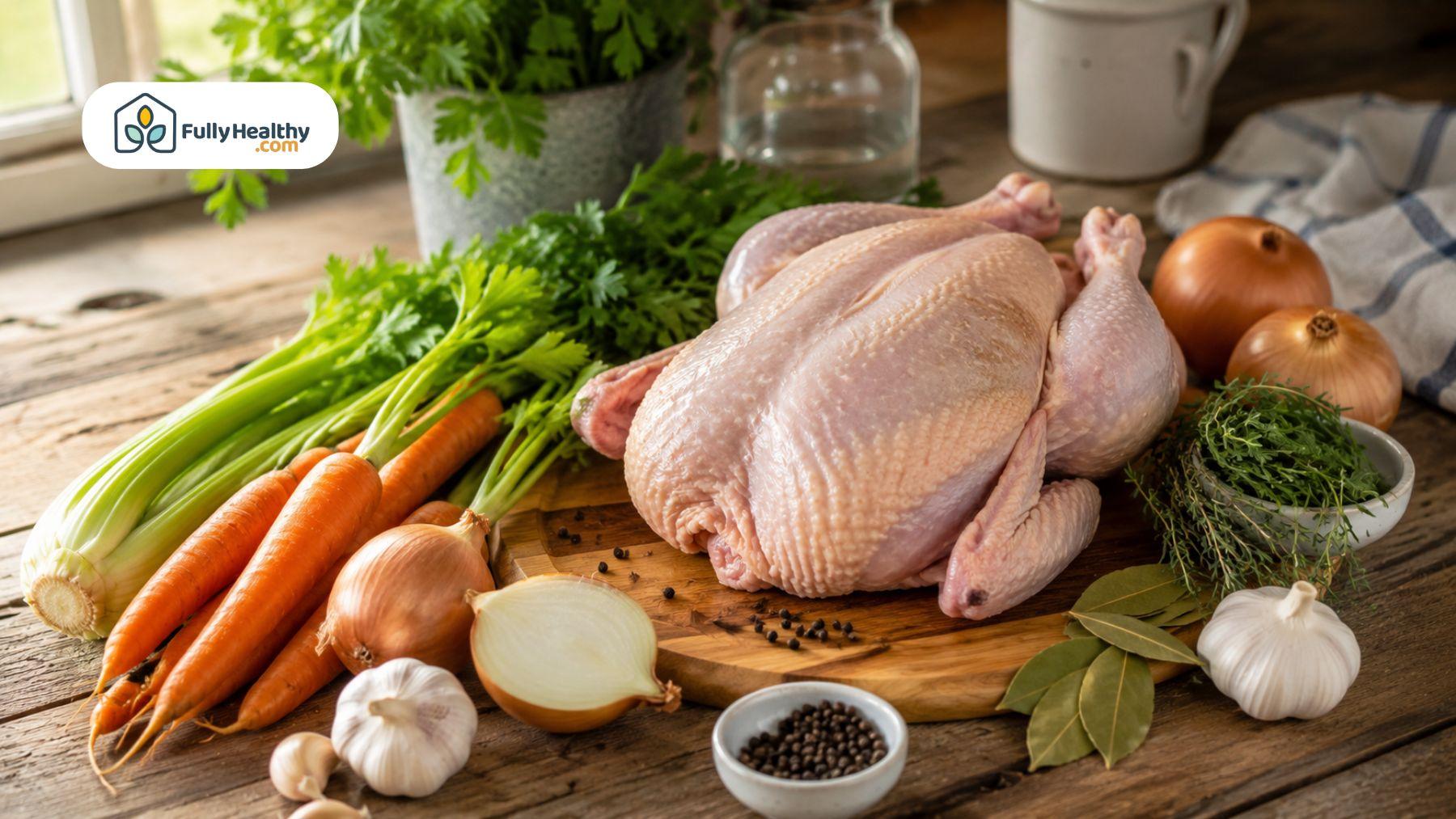 Whole chicken with carrots, celery, onions, garlic, bay leaves, herbs, and peppercorns for making homemade chicken broth.