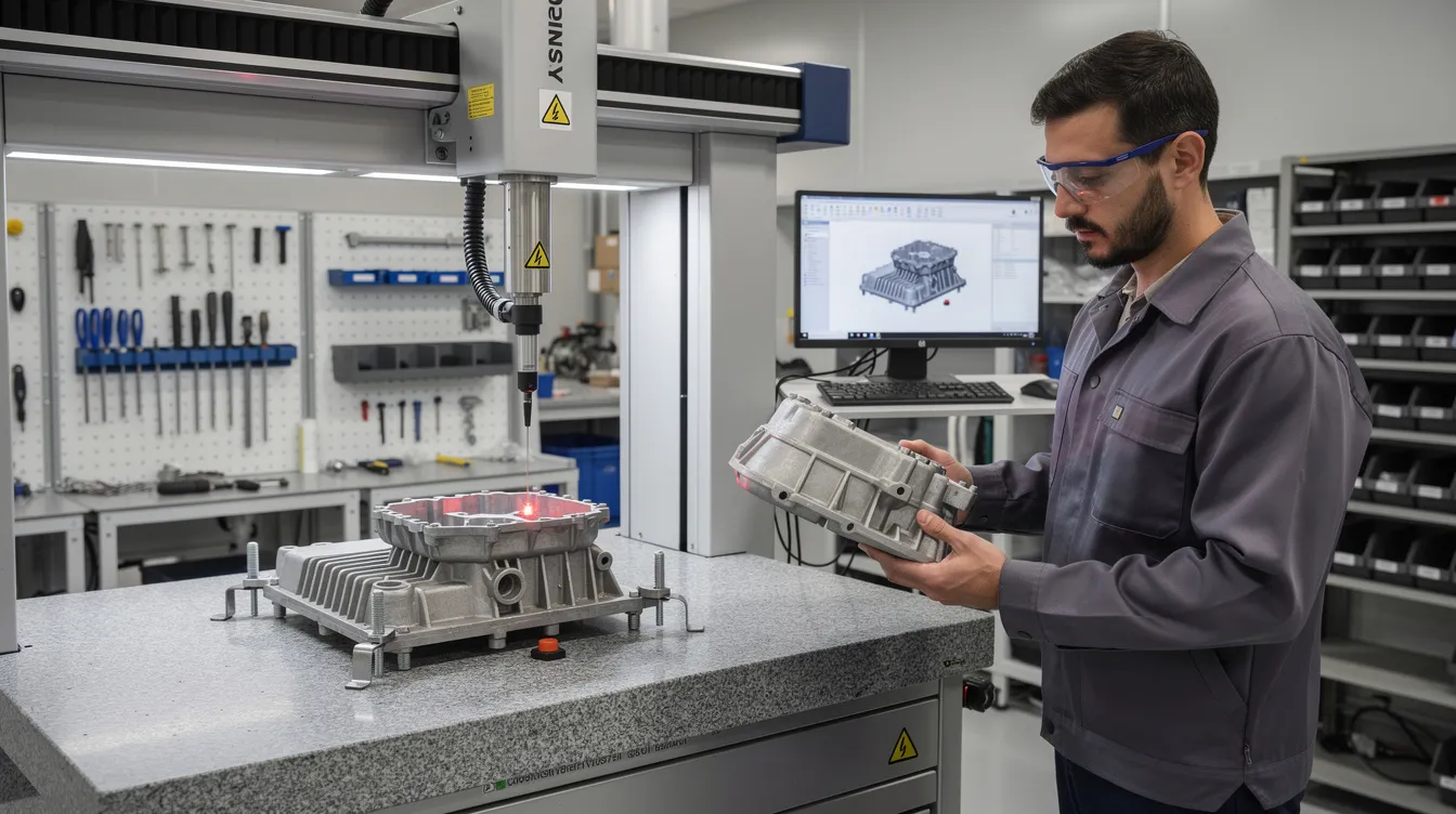 The image depicts a quality inspection station where an engineer is using a coordinate measuring machine to examine a die cast aluminum part, highlighting the importance of quality control in the die casting process. This setting emphasizes precision machining and the role of skilled professionals in ensuring high-quality products for industries such as automotive and industrial equipment.