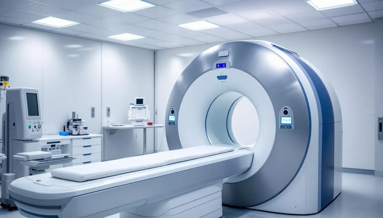 An MRI machine is depicted in the image, showcasing its large cylindrical structure and a sliding table used for patient positioning. This medical imaging device is often utilized to examine breast tissue and assess conditions related to breast implants, including silicone implant ruptures and other potential health risks.