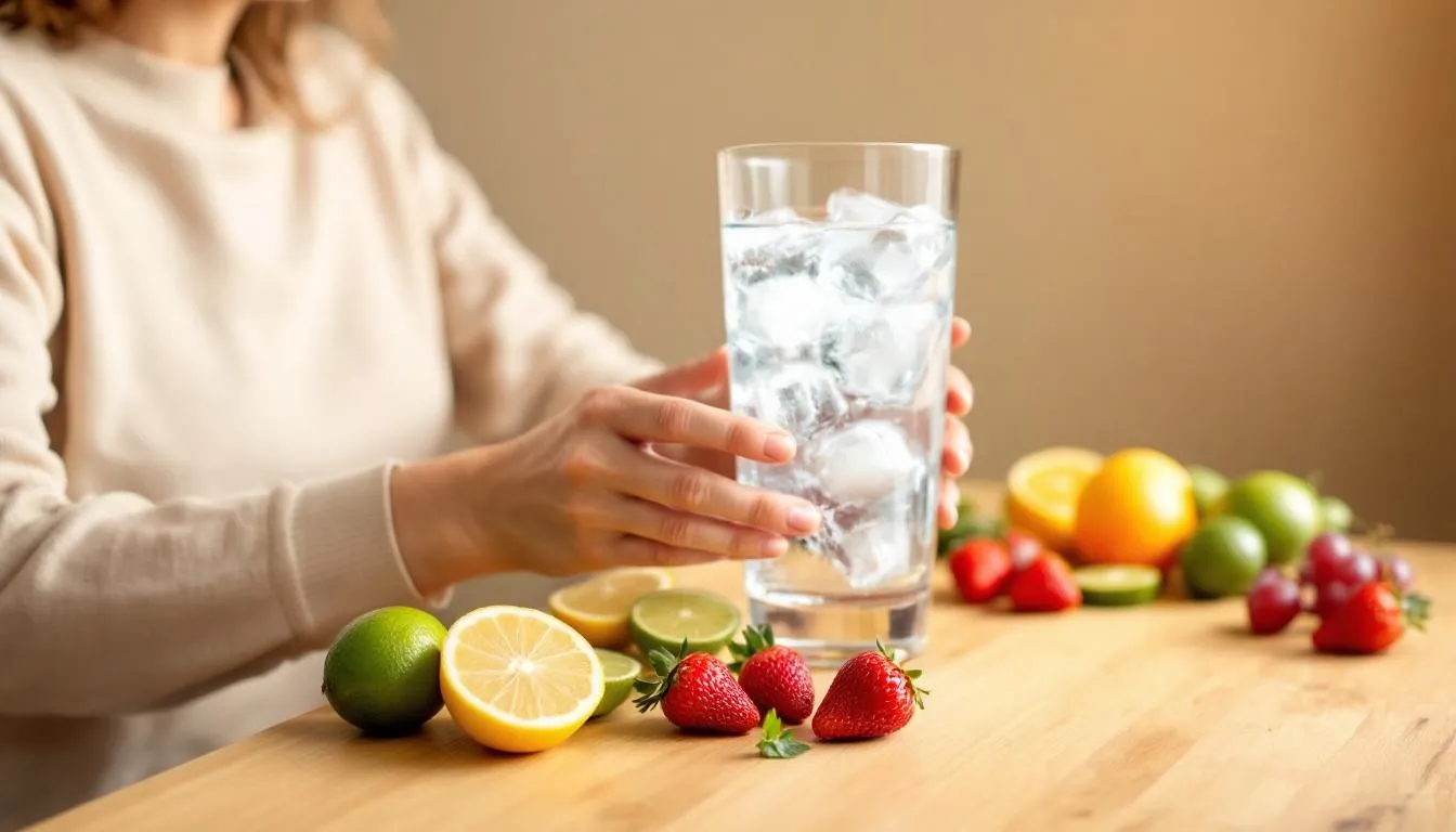 A person is enjoying a large glass of water, while fresh fruits are artistically arranged nearby, emphasizing the importance of hydration during intermittent fasting. This image highlights the health benefits of staying hydrated, which can help prevent fasting headaches and maintain balanced blood sugar levels.