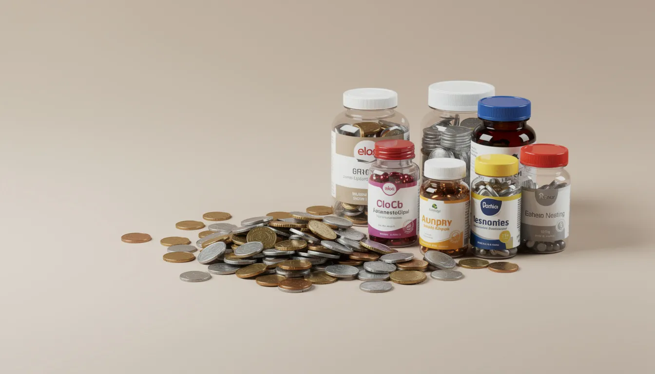 The image features a collection of various nmn supplement bottles placed alongside scattered coins on a neutral background, highlighting the growing interest in healthy aging and the potential risks of wasting money on ineffective products. This visual emphasizes the importance of quality and evidence-based supplementation for long-term wellness and cellular energy production.