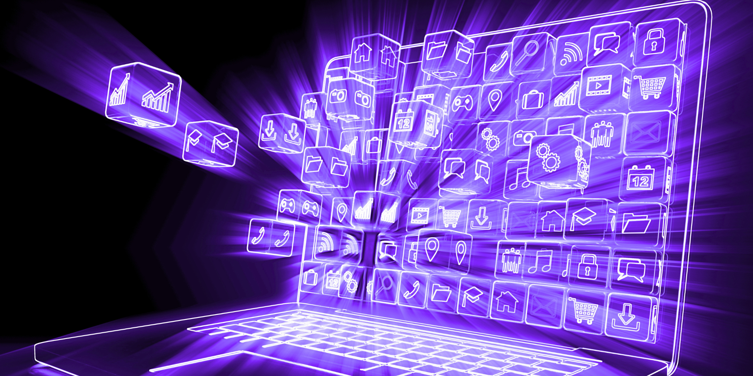 Abstract digital illustration of communication tools and collaboration software emerging from a laptop, symbolizing the right tools to streamline communication for remote teams and project management.