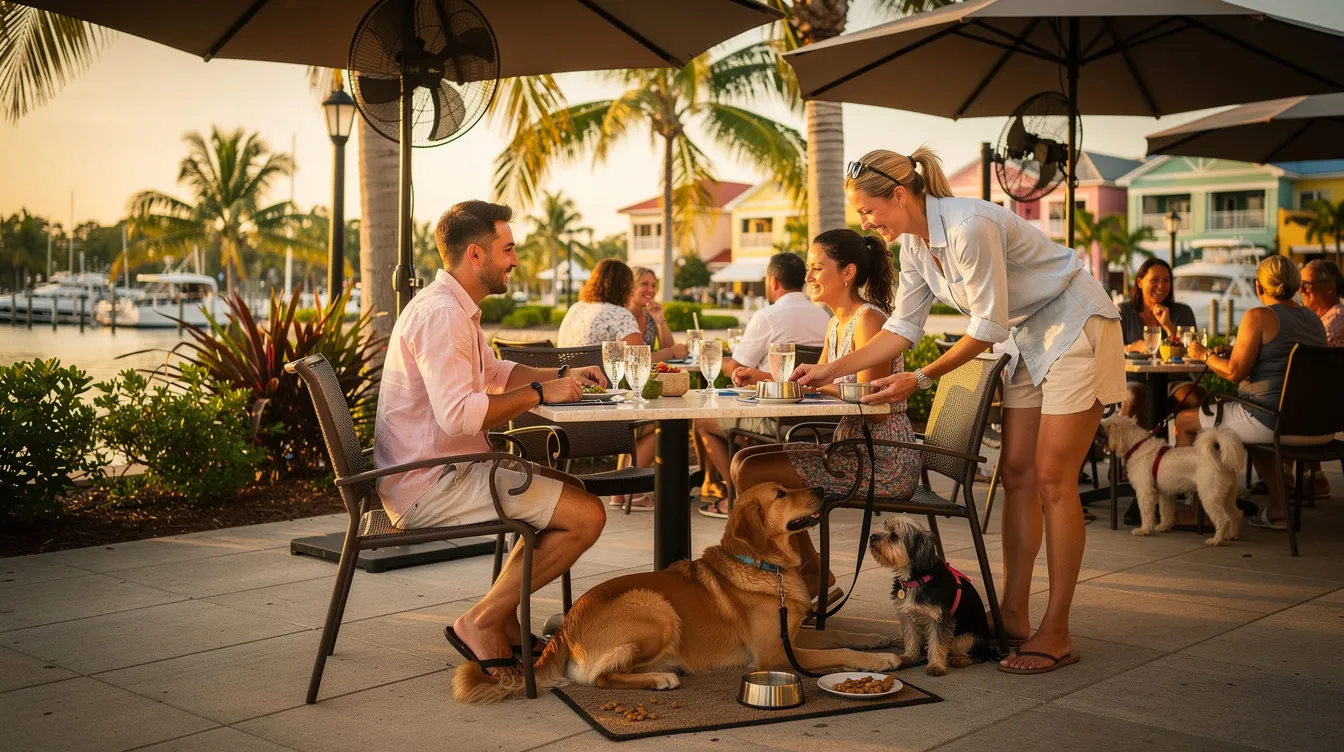 The image depicts a vibrant outdoor seating area at a dog-friendly restaurant in Fort Myers, where a happy pup sits beside its owner enjoying a meal. The scene captures the essence of dining out with dogs, showcasing the relaxed atmosphere, fresh air, and the joy of sharing a meal with furry friends.