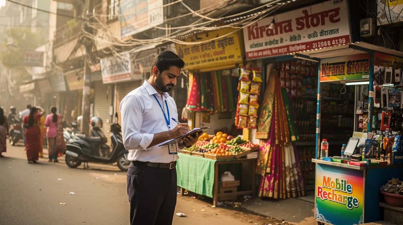 9564e013 fe92 4a1e 8e93 9a358970633c A person is inspecting a row of small shops in a bustling local Indian market while holding a clipboard, likely assessing the business plans of various micro and small enterprises. This scene highlights the importance of funding and support for small businesses under initiatives like the Pradhan Mantri Mudra Yojana, which aims to promote entrepreneurship and economic growth.