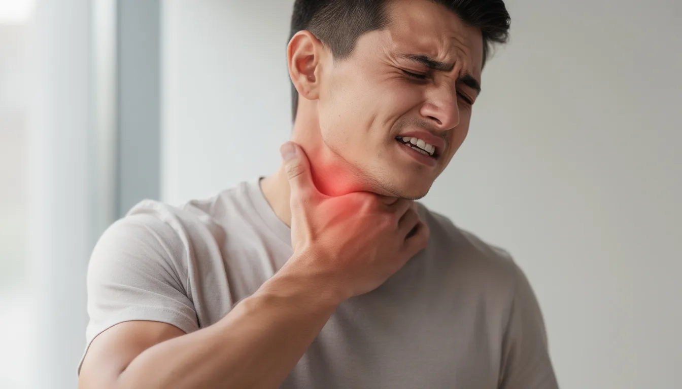 The image shows a person grimacing in pain while holding the back of their neck, indicating possible neck injury or chronic pain, which could be symptoms arising after a car accident. This visual highlights the importance of seeking immediate medical attention for recognizing delayed symptoms that may indicate underlying injuries.