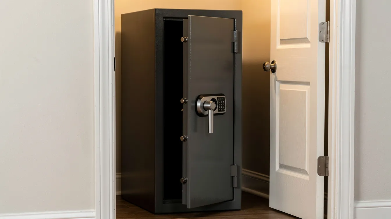 The image shows a metal gun safe with its door slightly ajar, located inside a residential closet. This safe is designed to securely store firearms, reflecting the importance of adhering to New York's gun laws and ensuring responsible gun ownership.