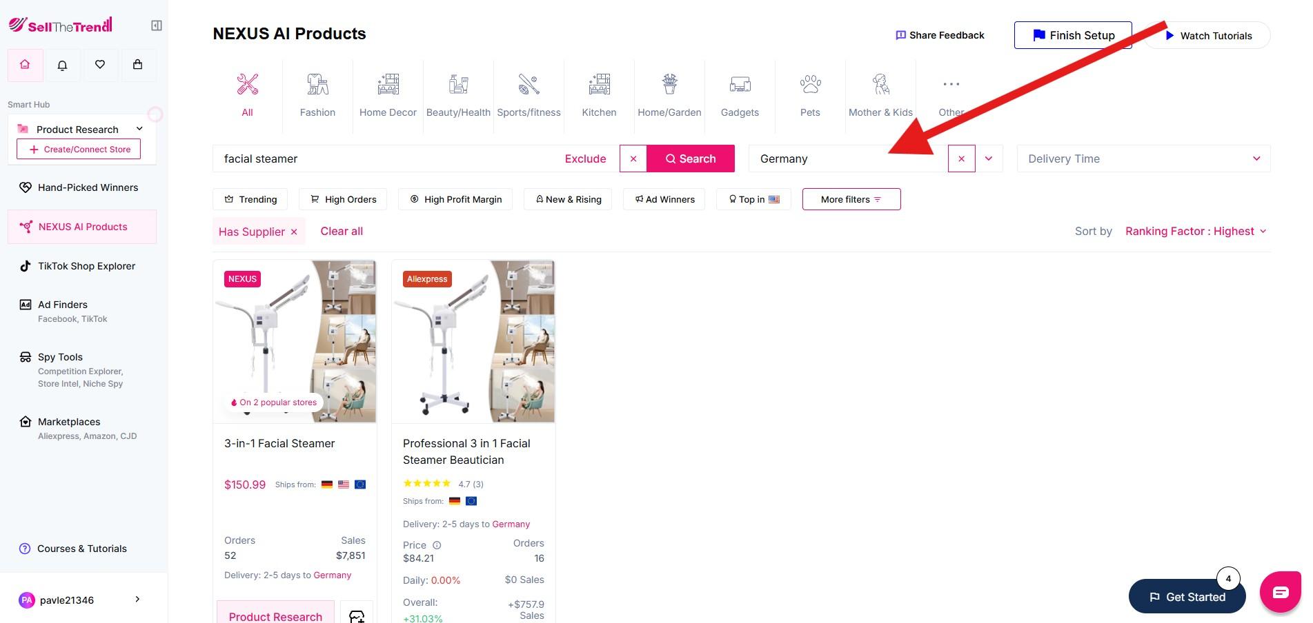 Sell The Trend NEXUS AI Products search for facial steamers with Germany selected as the target market