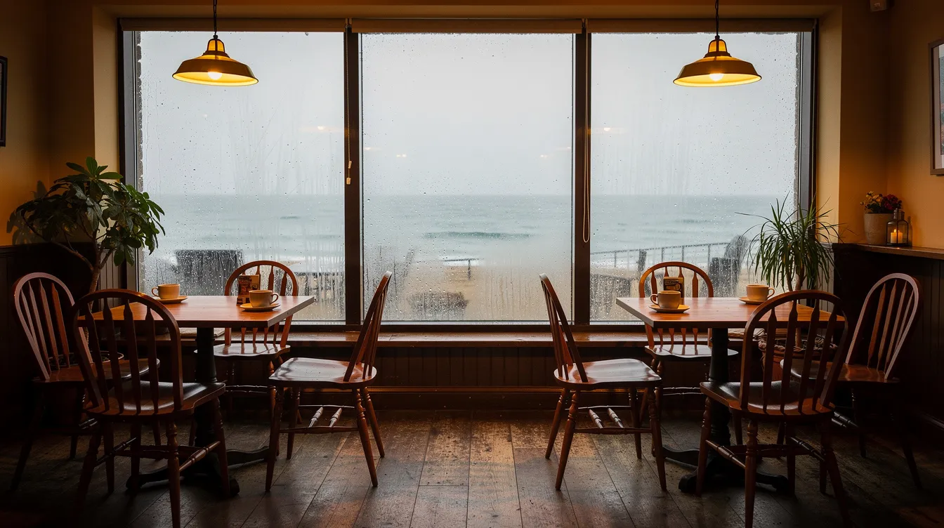The image depicts a cozy cafe interior featuring wooden chairs and foggy windows that overlook a serene sea, creating an inviting atmosphere for self-discovery and personal development. This cafe at the end of the world serves as a sanctuary for those seeking inspiration and meaning in life, reminiscent of the journeys shared by thought leaders like John Strelecky.
