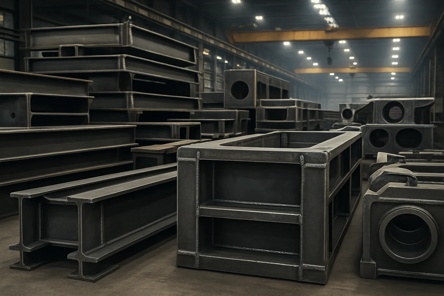 Large heavy-duty steel components and welded structures displayed inside an industrial warehouse for inspection.