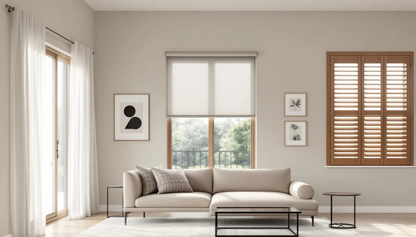 Different child safe window covering options displayed in a home setting.