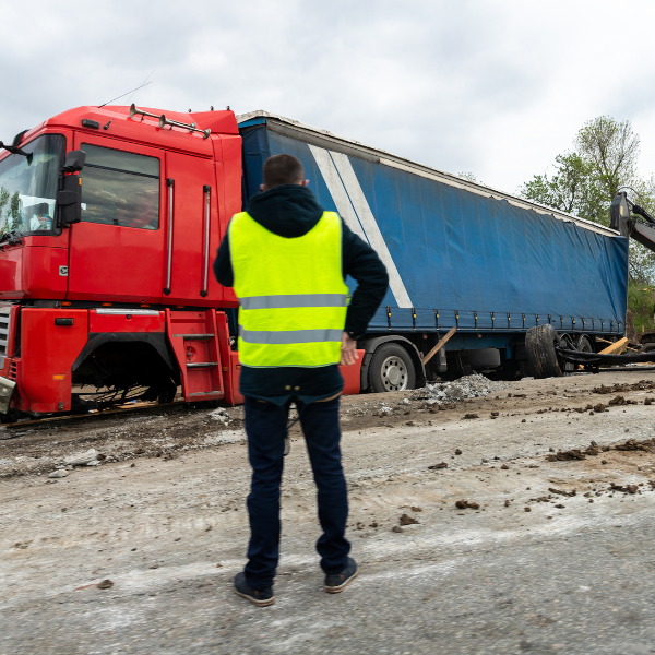 A photograph showing someone taking pictures of a truck accident scene in Duluth.