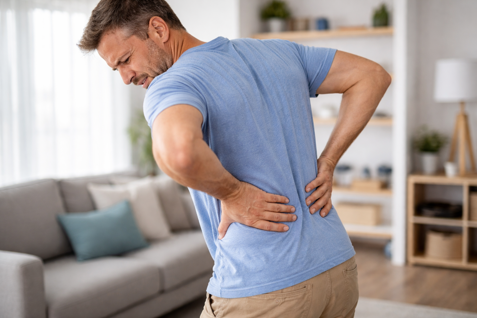 Man standing with lower back pain and discomfort in the lumbar region