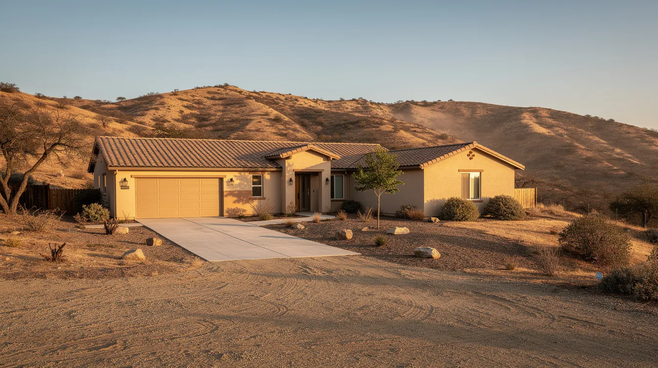 The image depicts a suburban home exterior set against a dry California foothill backdrop, featuring a dusty driveway and entry walkway. This scene reflects the essence of family life in the community, where homeowners might consider services like efficient carpet cleaning to maintain a clean and welcoming environment.