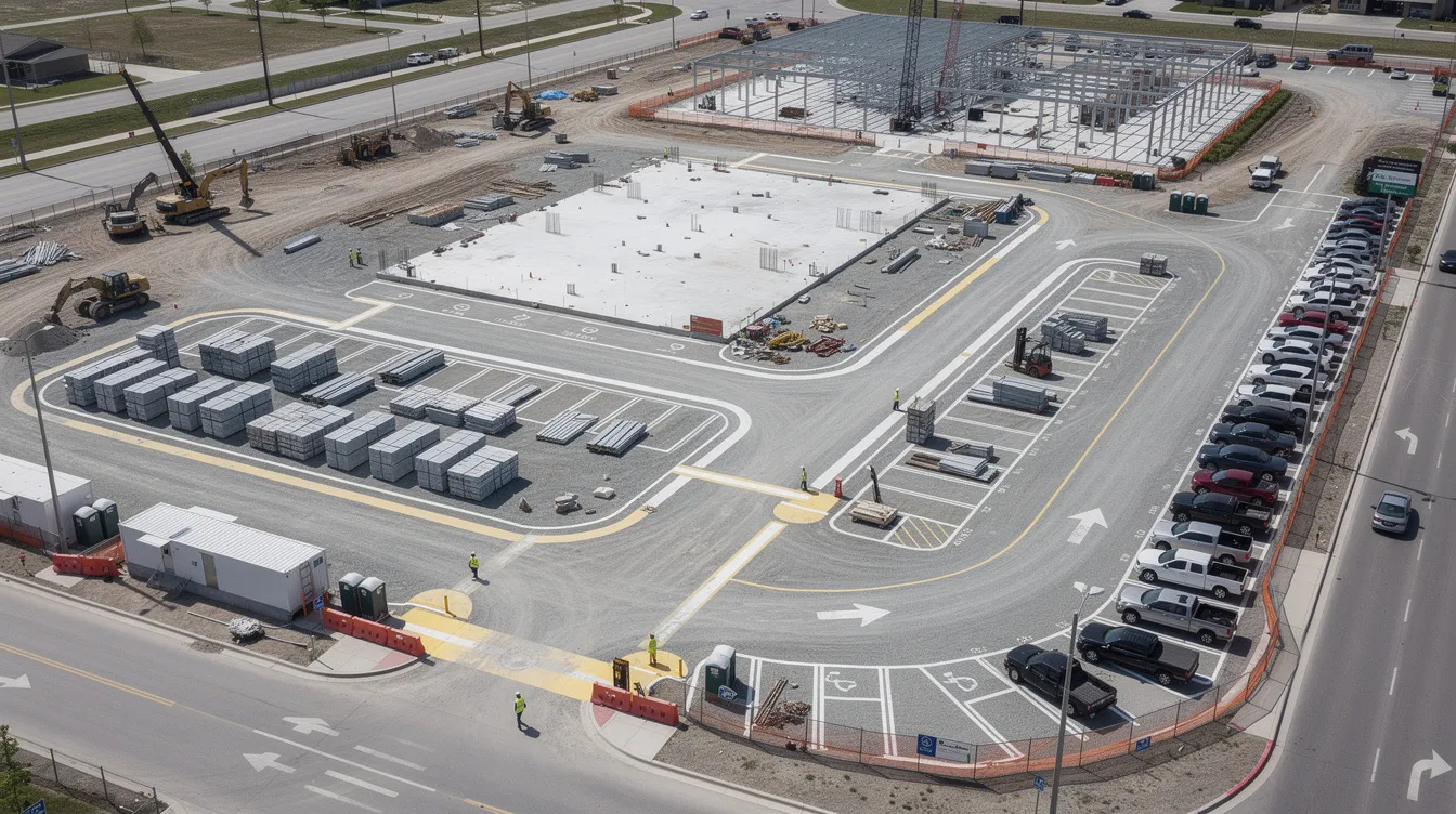 An aerial view showcases a well-organized commercial construction site, featuring clearly marked staging areas, equipment paths, and designated worker parking zones, highlighting the importance of construction site logistics in the planning process. This layout emphasizes the efficiency and safety of operations, ensuring effective communication among key stakeholders throughout the construction process.