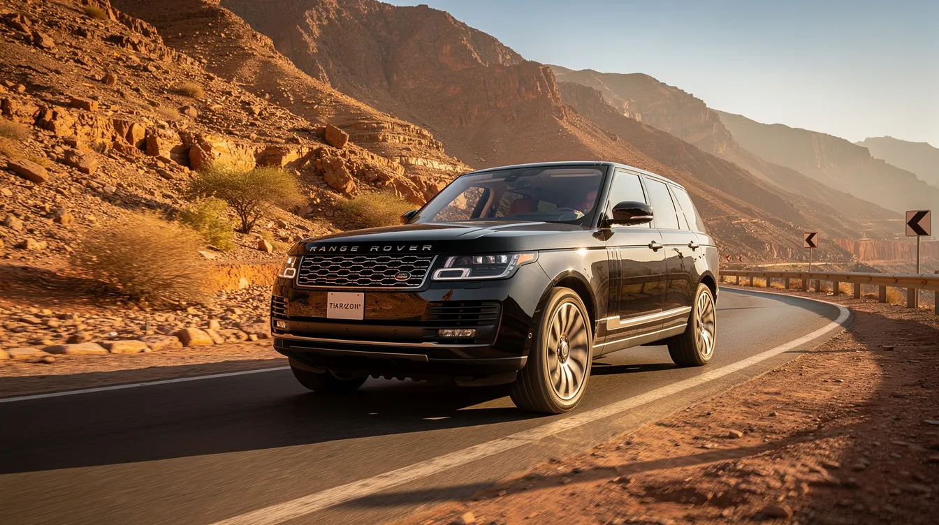 Un SUV Range Rover noir roule sur une route sinueuse en montagne au Maroc, entouré d'un paysage aride et désertique. Cette image évoque le luxe et le confort d'une voiture haut de gamme, idéale pour explorer des destinations comme Marrakech ou Agadir.
