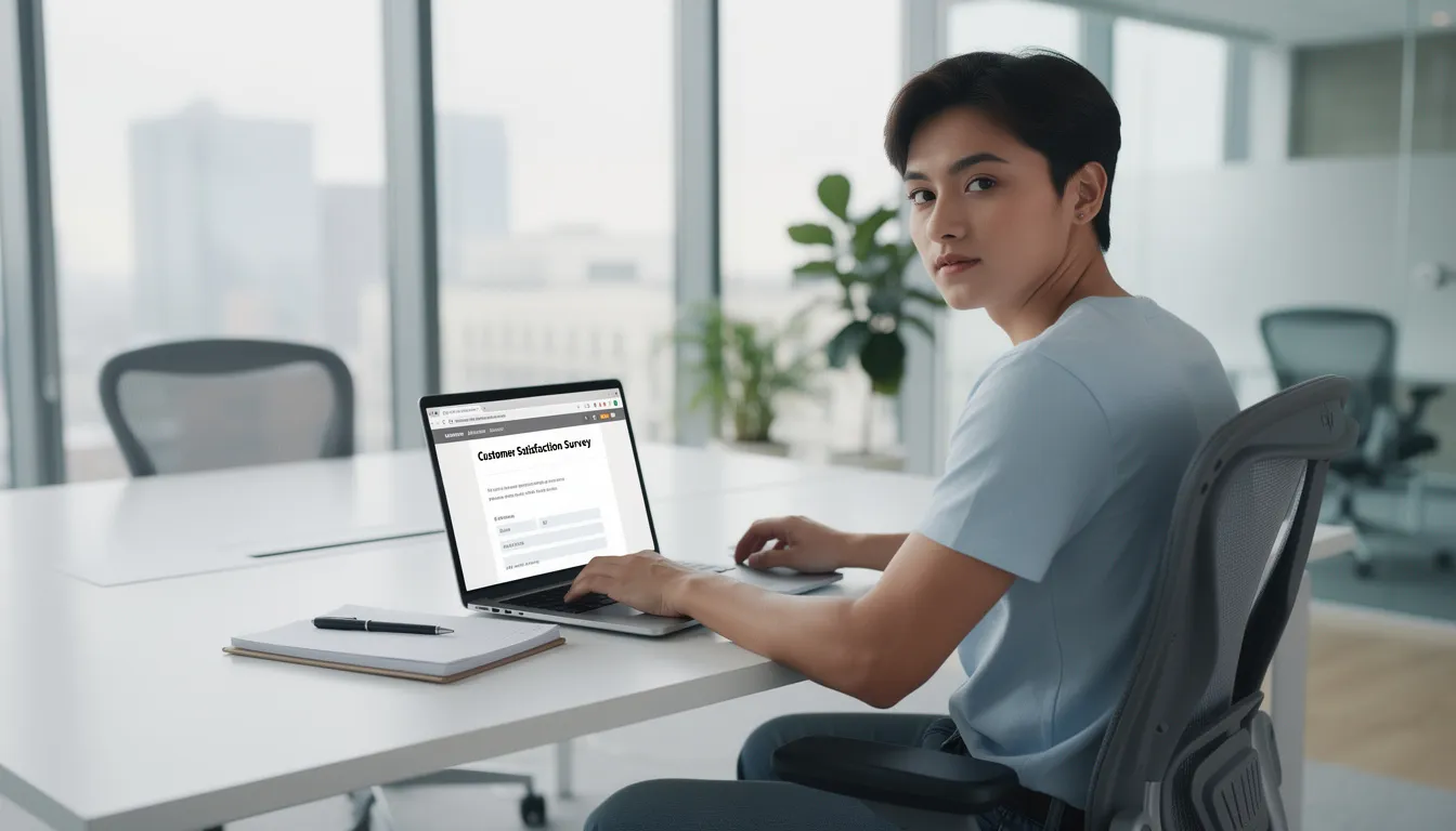 Kuvassa henkilö lähettää asiakaskyselyä kannettavalta tietokoneelta modernissa toimistoympäristössä. Kysely liittyy net promoter scoreen (NPS), ja sen avulla kerätään arvokasta tietoa asiakkaiden suositteluhalukkuudesta yritystä kohtaan.