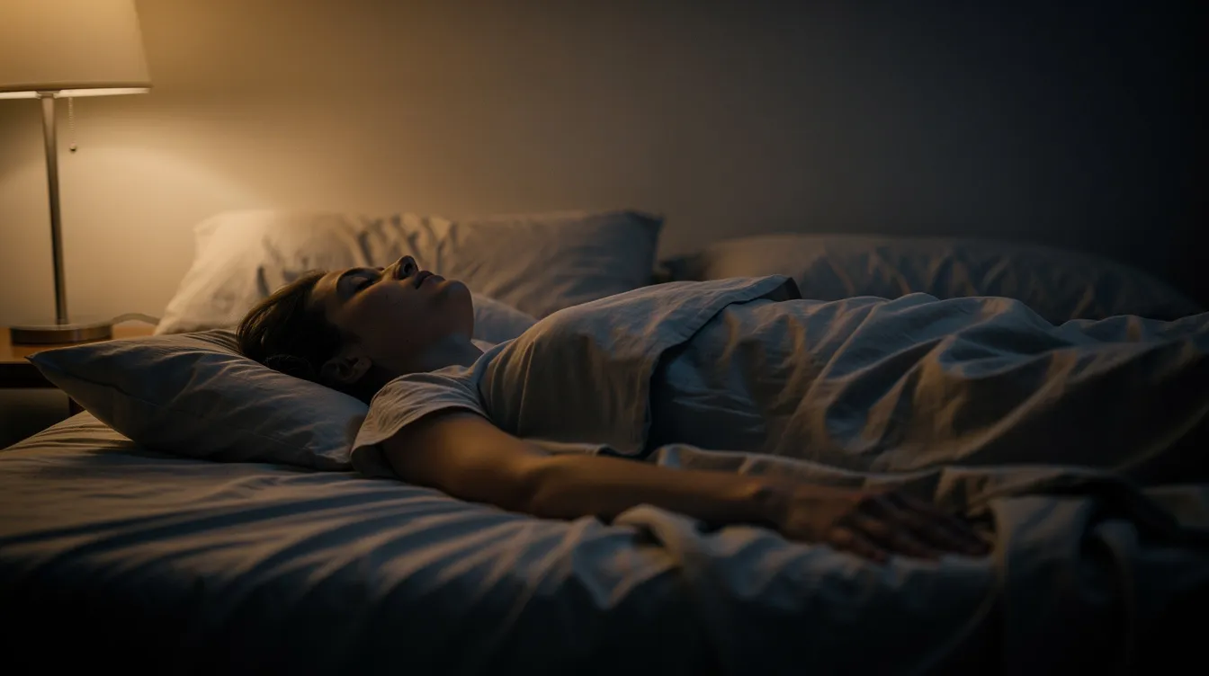 A person lies peacefully in bed with their hands resting at their sides, surrounded by dim lighting that promotes relaxation and calmness. This serene scene embodies the essence of progressive muscle relaxation, inviting a focus on bodily sensations and deep breaths to enhance sleep quality and overall well-being.