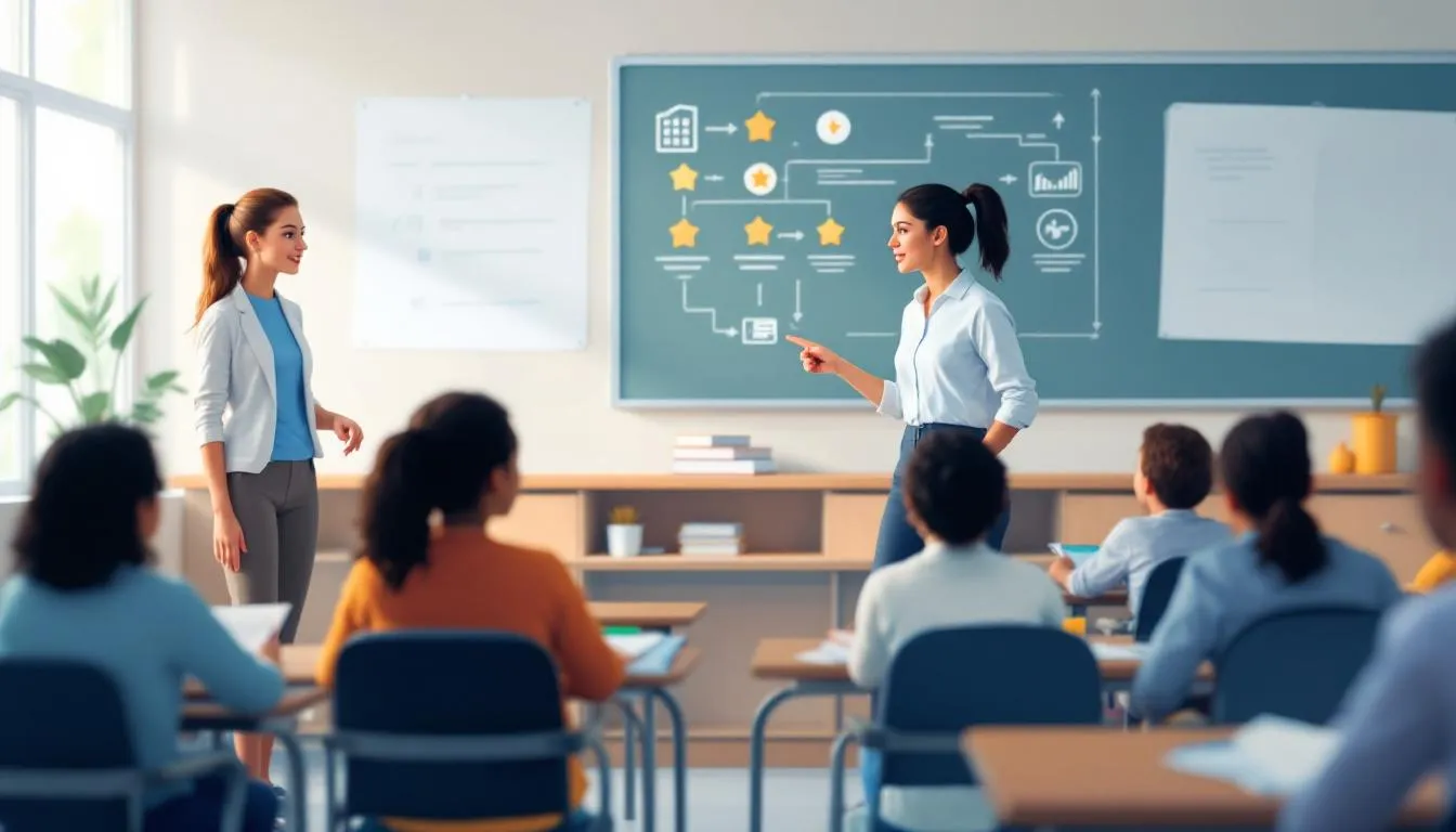 A coach providing constructive feedback to a teacher, enhancing their teaching practices.