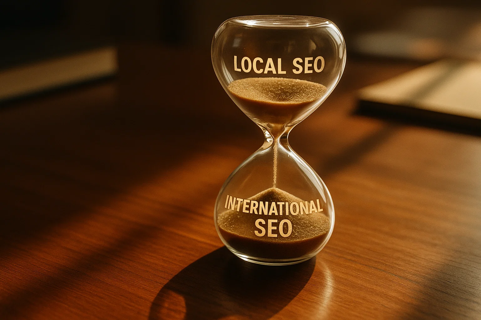 Hourglass symbolising faster results for local SEO compared to slower international SEO.