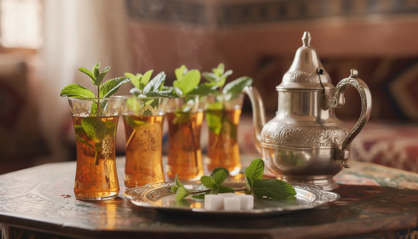 A traditional Moroccan mint tea service is displayed, featuring ornate silver teapots and colorful glasses, embodying the essence of Moroccan culture. This delightful afternoon tea experience is a must for anyone looking to explore Marrakech and enjoy its local cuisine.
