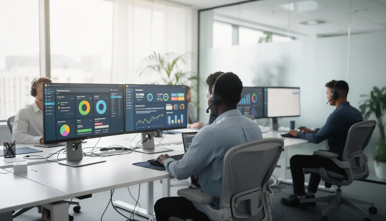 Un equipo de atención al cliente trabaja en una oficina moderna, rodeado de pantallas que muestran dashboards con datos de usuarios y consultas. Estos agentes utilizan herramientas de inteligencia artificial y chatbots para mejorar la experiencia del cliente y gestionar interacciones de manera eficiente.