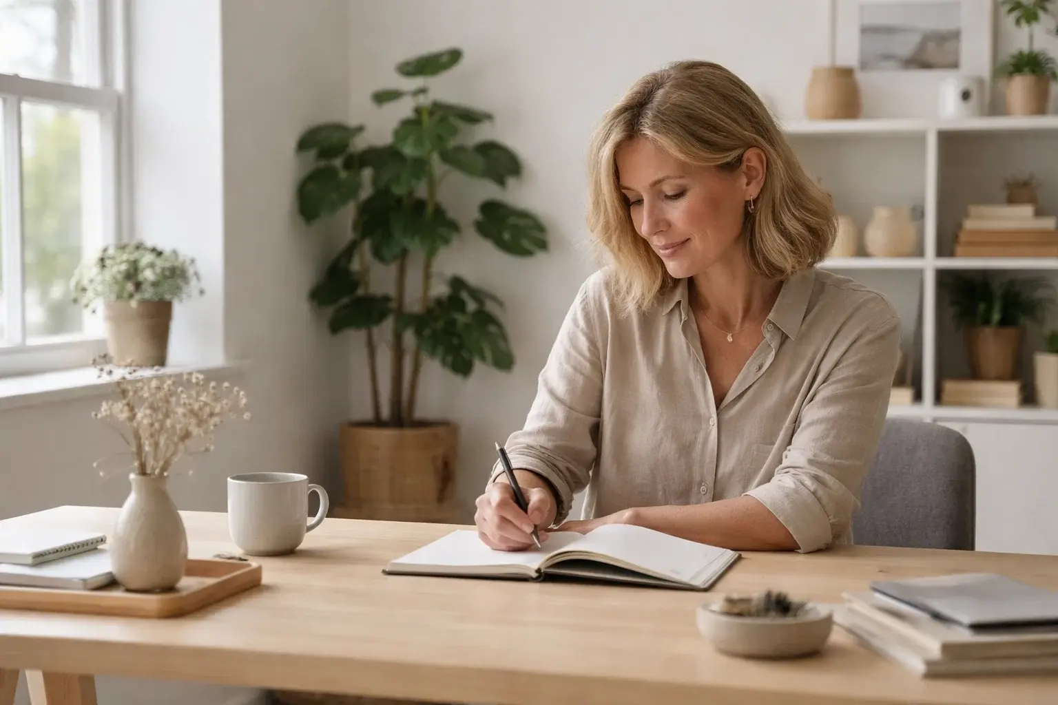 Small business owner working independently in a simple office environment
