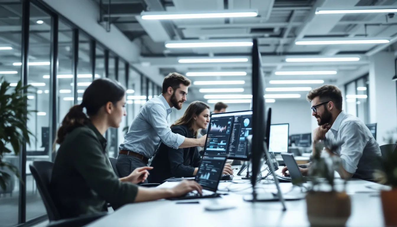 In an enterprise office setting, a group of data professionals collaborates around computer screens, discussing data virtualization and the integration of various data sources. They focus on optimizing queries for large datasets, utilizing tools for big data analytics, and enhancing performance across different databases and data platforms.