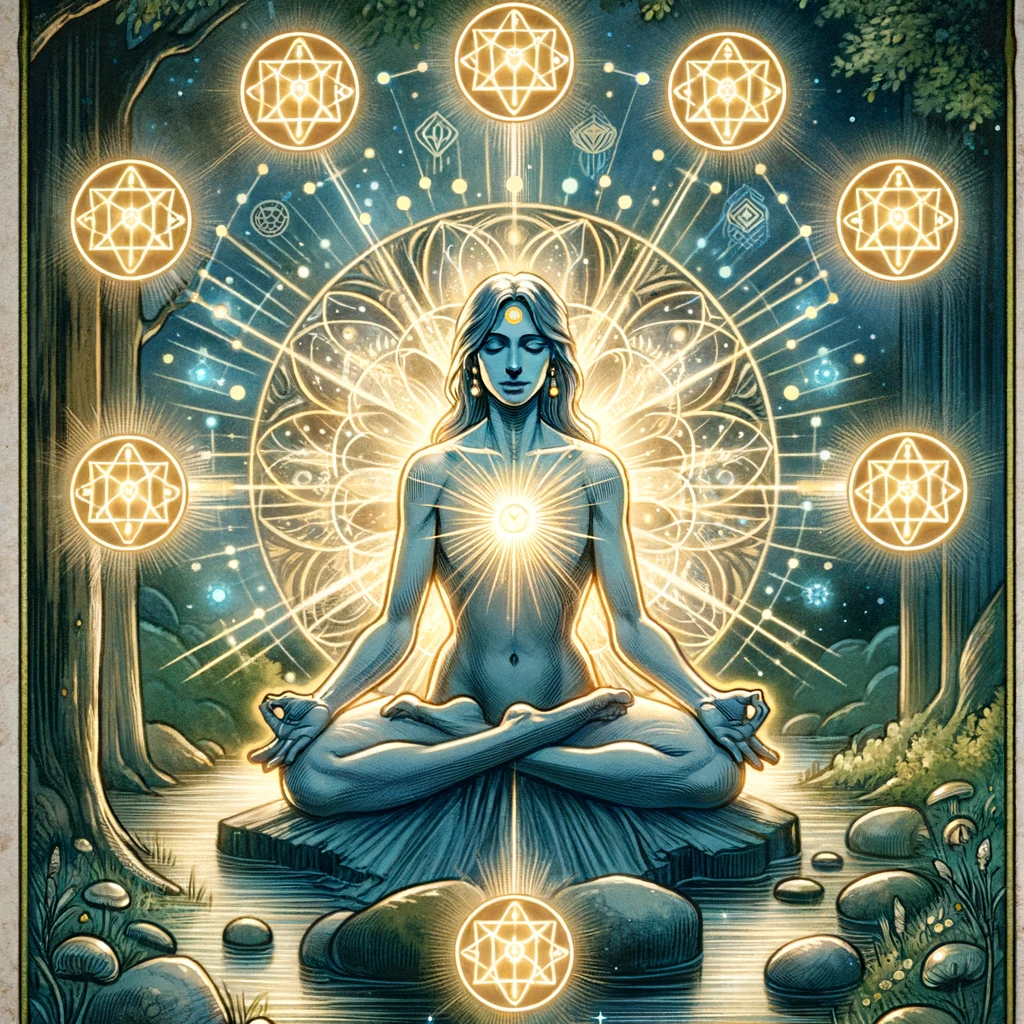 a tranquil figure in meditation, surrounded by eight glowing pentacles symbolizing various spiritual practices, set against a serene backdrop with a pond and trees, reflecting dedicated spiritual growth and the journey toward enlightenment.