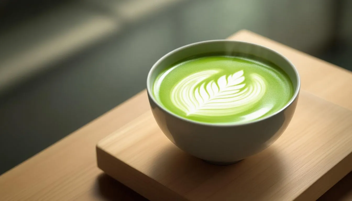 Ein perfekt dekorierter Matcha Latte auf einem Tisch.