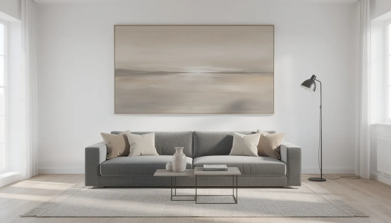 A neutral toned canvas landscape painting hangs above a gray sofa in a well-lit living room, enhancing the space with its calm colors and artistic presence. This piece of wall art adds a touch of style and personality to the interior, making it a perfect addition to any living space.