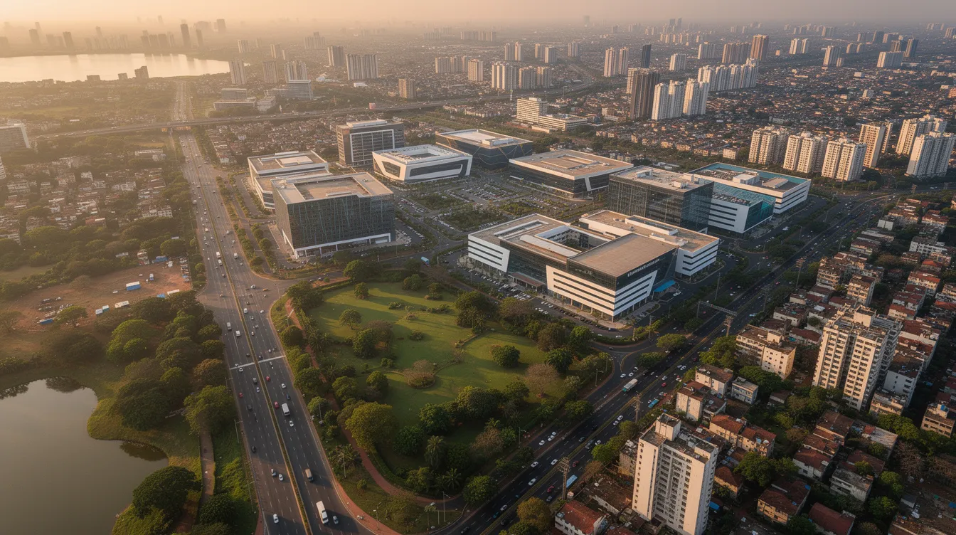 An aerial view of Bangalore showcases a vibrant cityscape filled with modern tech parks interspersed with lush green spaces, highlighting the balance between urban development and nature. This dynamic environment is ideal for aspiring entrepreneurs exploring low investment business ideas and profitable business opportunities in Bangalore.