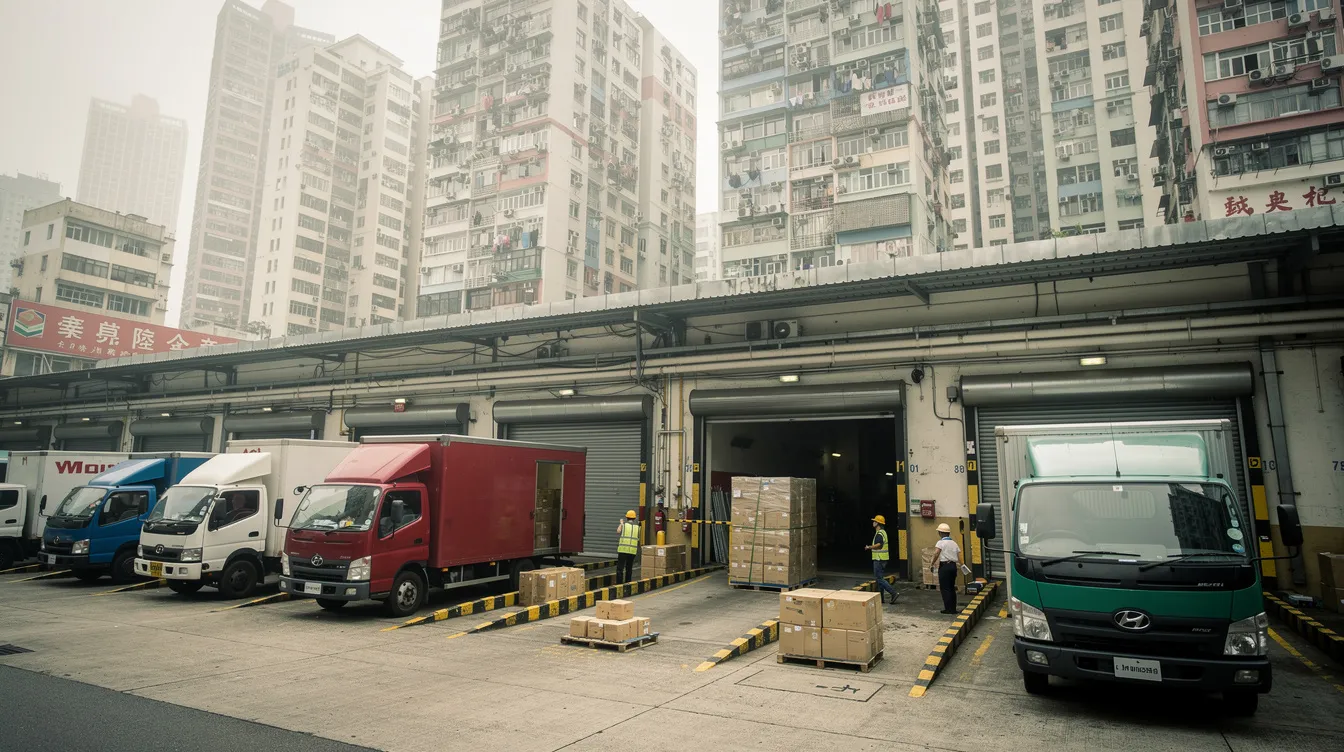 The image shows delivery trucks parked at an industrial loading dock in Hong Kong, with tall city buildings visible in the background. This scene reflects the bustling environment where small and medium enterprises (中小企業) operate, highlighting the importance of logistics in business financing and operations.