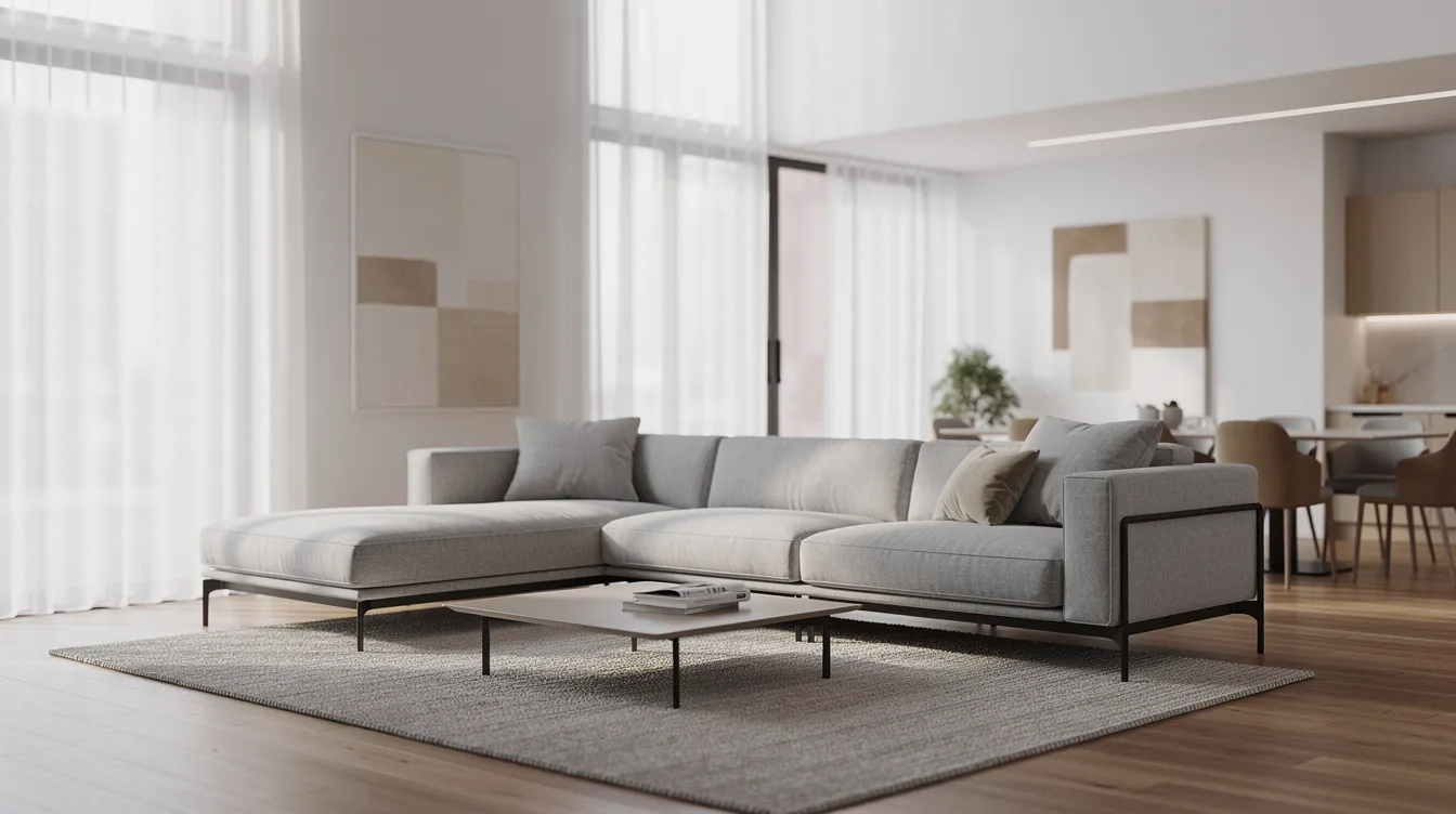 Modulaire bank in beige stof, opgesteld in een L-vorm in een open leefruimte