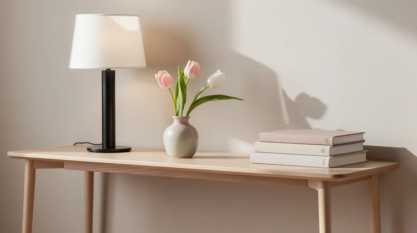 Ett stilrent avlastningsbord är dekorerat med en bordslampa, en liten vas med tulpaner och en stapel böcker, allt mot en ljus vägg. Denna inredning skapar en välkomnande känsla i rummet och passar perfekt för att hålla ordning och ge extra förvaring.
