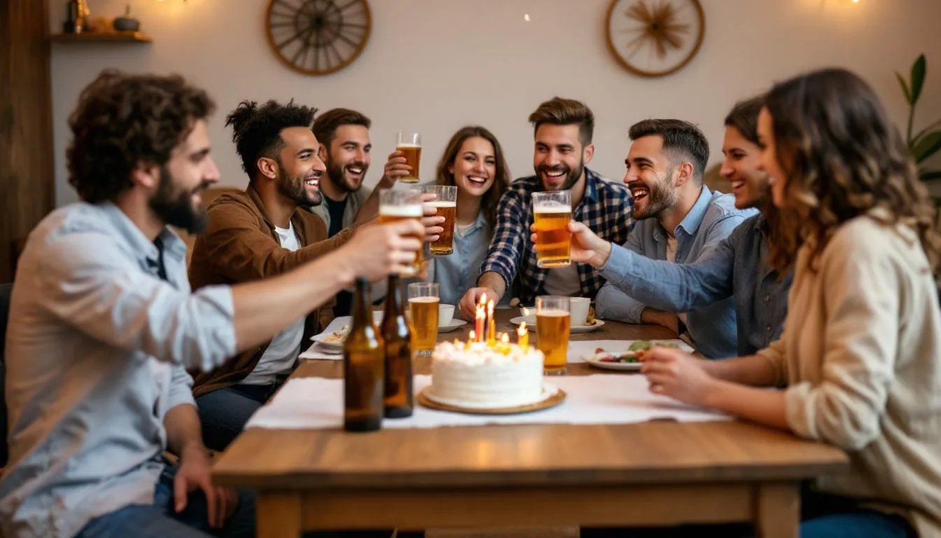 Un groupe d’amis trinque joyeusement avec des verres de bière, célébrant ensemble dans une ambiance festive, parfait pour un EVG à Gdańsk. La scène capture leur camaraderie et leur excitation, reflétant la vie nocturne animée et l’histoire riche de cette ville polonaise populaire.