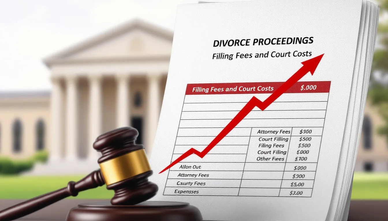 The image illustrates the various filing fees and court costs associated with the divorce process, emphasizing the importance of understanding these expenses, which can vary widely depending on whether it's an uncontested or contested divorce. It highlights the potential financial burden of attorney fees, court filing fees, and additional legal expenses that may arise during divorce proceedings in Texas.
