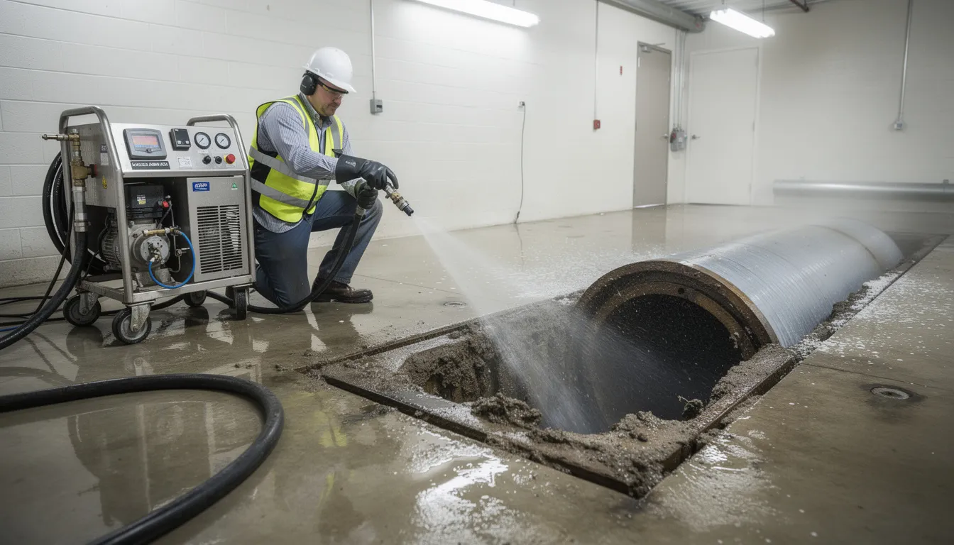 A drain cleaning specialist is using high-pressure water jet equipment to effectively clean a commercial drain line, ensuring the plumbing system is free from stubborn clogs and allowing water to flow freely. This professional drain cleaning service utilizes state-of-the-art technology to tackle tough clogs caused by food debris and grease buildup.