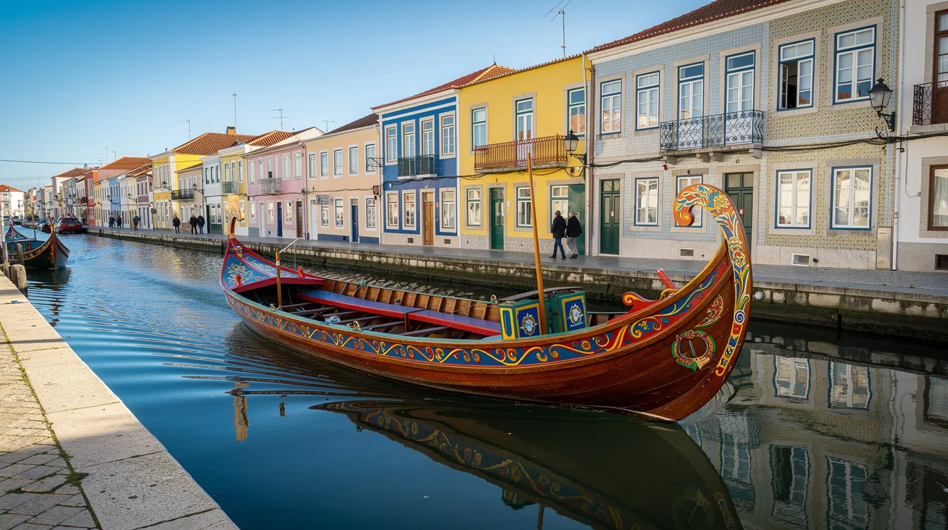 Um barco tradicional navega pelos canais de Aveiro, com fachadas coloridas de edifícios ao fundo, refletindo a charmosa atmosfera da cidade. A cena captura a essência da cultura portuguesa, destacando a beleza dos transportes aquáticos na região.