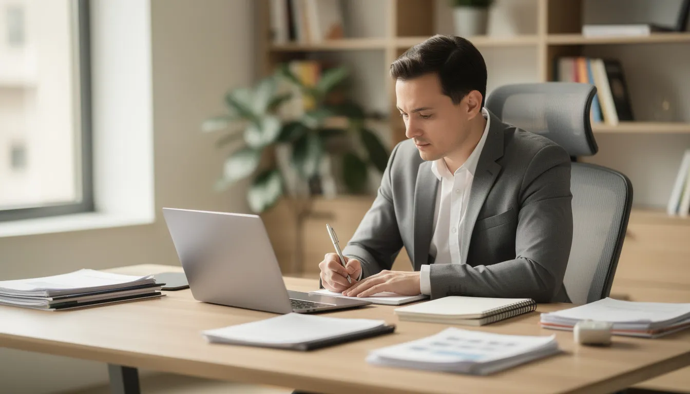 A focused business owner is seated at a desk, working diligently on a laptop while jotting down notes in a notebook, showcasing an organized approach to content creation and blogging workflow. The scene reflects a commitment to managing tasks effectively, essential for generating leads and achieving revenue goals.