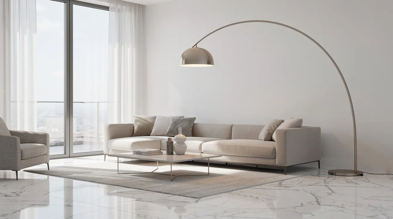 En modern italiensk golvlampa med en elegant båge står i ett ljust vardagsrum med marmorgolv, vilket skapar en stilren och tidlös atmosfär. Lampan är en designklassiker som passar perfekt in i hemmet och bidrar till en behaglig belysning.