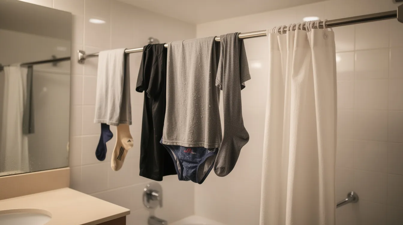Damp clothing items, including t-shirts and socks, are hanging over a shower rod in a hotel bathroom to air dry, showcasing a practical solution for travelers managing their dirty laundry during a weekend trip. The bathroom setting emphasizes the importance of washing clothes while on vacation and offers tips for packing light.