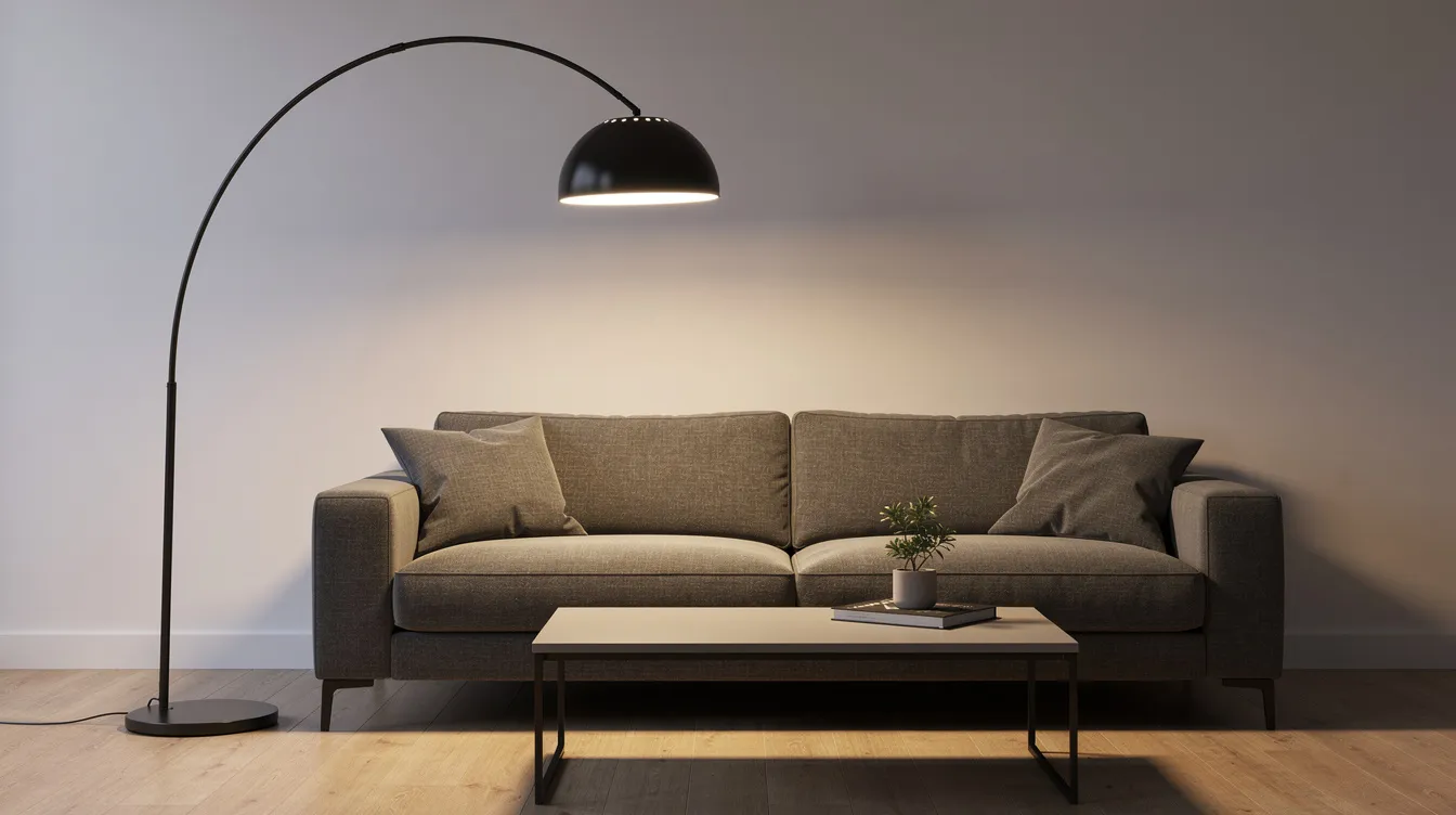 En hög svart metallbåge lampa hänger över ett grått soffbord och en soffa, vilket skapar en modern och stilren belysning i vardagsrummet. Lampan ger ett mjukt ljus som bidrar till en trevlig atmosfär i rummet.