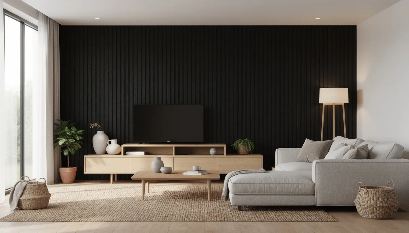 Een Japandi woonkamer met een zwart wandpaneel, dat een stijlvolle uitstraling biedt, is ingericht met licht eiken meubels en een comfortabele linnen bank. Natuurlijke accessoires completeren de elegante en tijdloze sfeer van de ruimte.