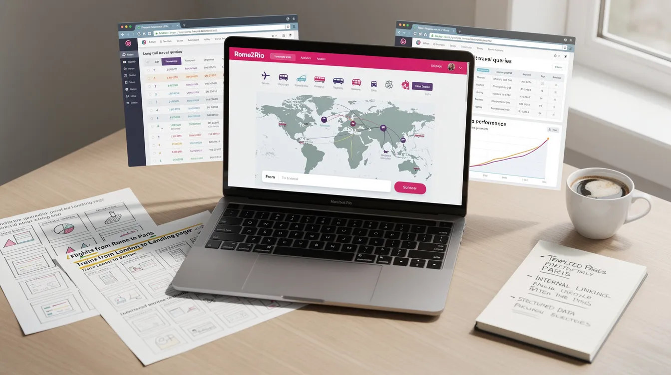 The image depicts the Rome2Rio website showcasing a programmatic SEO strategy, featuring automatically generated pages that target long-tail keywords and relevant data points for enhanced organic traffic. The layout includes structured data and optimized landing pages designed to align with user search intent, illustrating effective keyword research and page templates for improved search engine rankings.